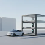 Automated parking tower with a driverless EV at a curbside drop-off lane, set against a soft, neutral urban backdrop.