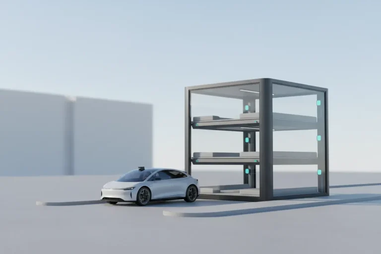 Automated parking tower with a driverless EV at a curbside drop-off lane, set against a soft, neutral urban backdrop.