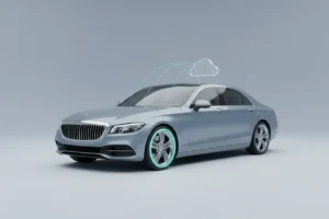 Modern sedan with cloud link and a highlighted wheel, symbolizing telematics-driven vehicle diagnostics.