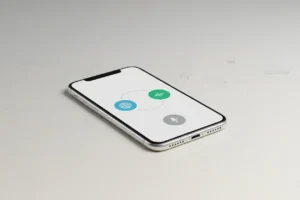 Smartphone displaying AI voice translation icons on a soft background with subtle transit map lines.