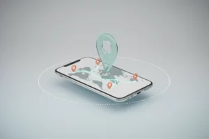 Phone on neutral background shows a map with glowing pins and routes; a floating pin suggests an AI-curated travel wishlist.
