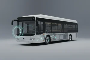 Electric bus with translucent side showing components and glowing sensor nodes, ring above front wheel symbolizing AI diagnostics in a soft studio.