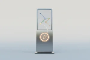 Modern smart-city kiosk with a glowing transit map and feedback button on a soft neutral background.