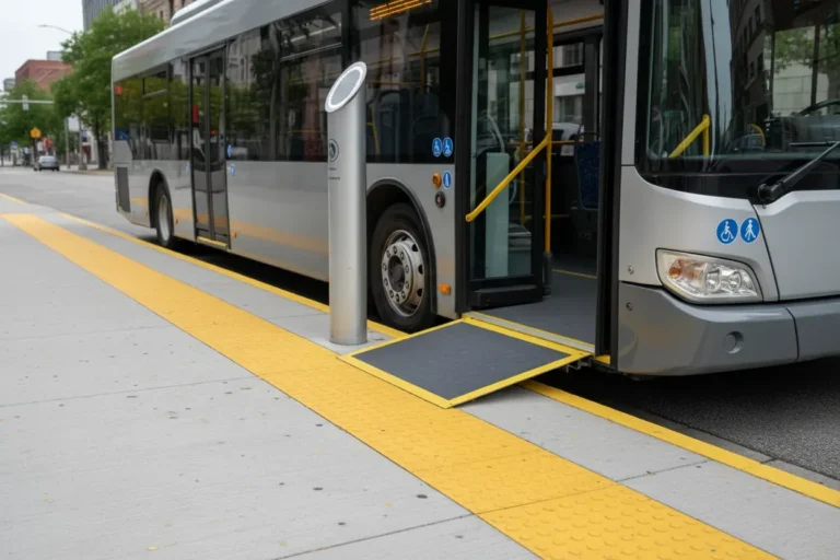 Accessible bus stop with low-floor bus, extended ramp and bright tactile paving for safe level boarding