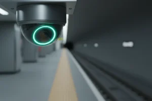 Close-up of an AI security camera overlooking an empty subway platform, softly lit with a cool neutral background.