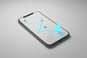 Smartphone on neutral background showing a textless multimodal route map with a glowing path from airport to city via train and bus.