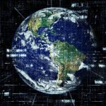 Earth globe surrounded by digital code and data visualizations representing global technology transformation