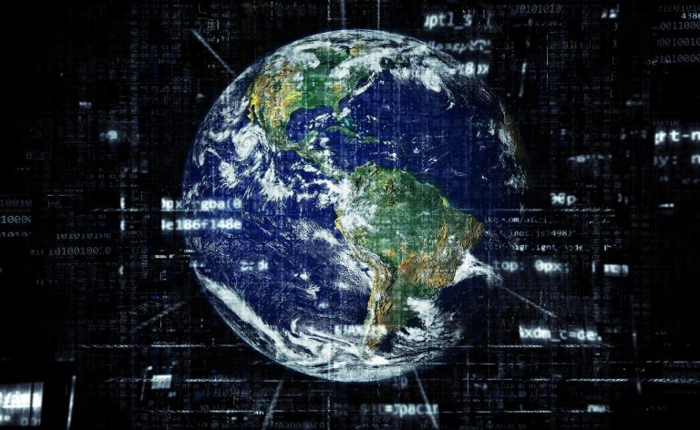 Earth globe surrounded by digital code and data visualizations representing global technology transformation