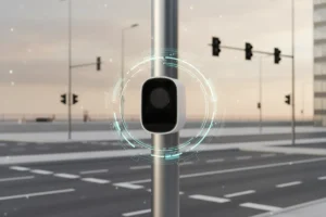 Smart traffic sensor above an empty intersection, surrounded by subtle data graphics representing infrastructure KPI tracking.