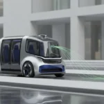 Autonomous electric rideshare vehicle with converging route lines symbolizing reduced traffic congestion