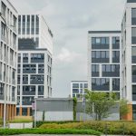 contemporary commercial building exterior with smart infrastructure design