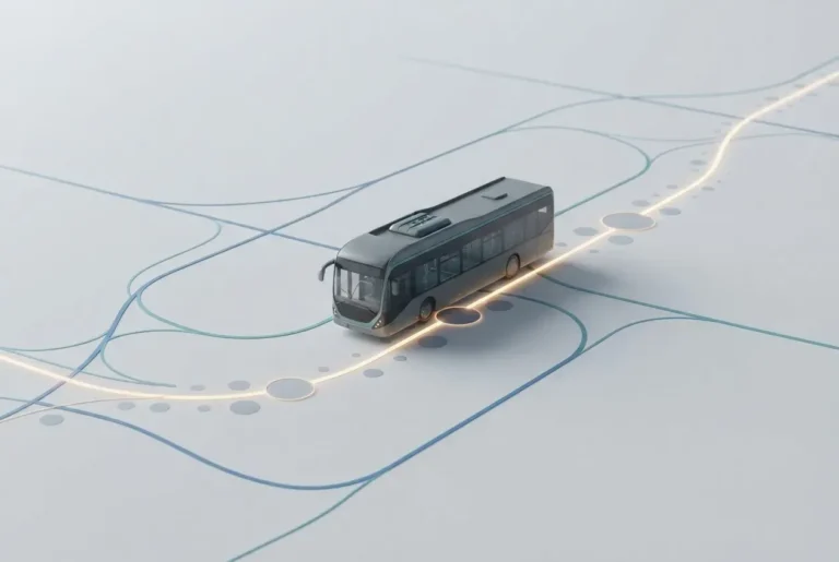 Modern city bus traveling along a highlighted route with data nodes representing demand-based transit planning.