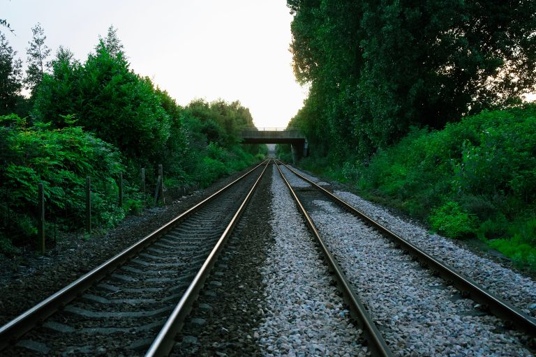 Illustrative stock photo of railway tracks running through greenery beneath a bridge
