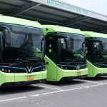 A row of green VinFast electric buses at a depot in Vietnam